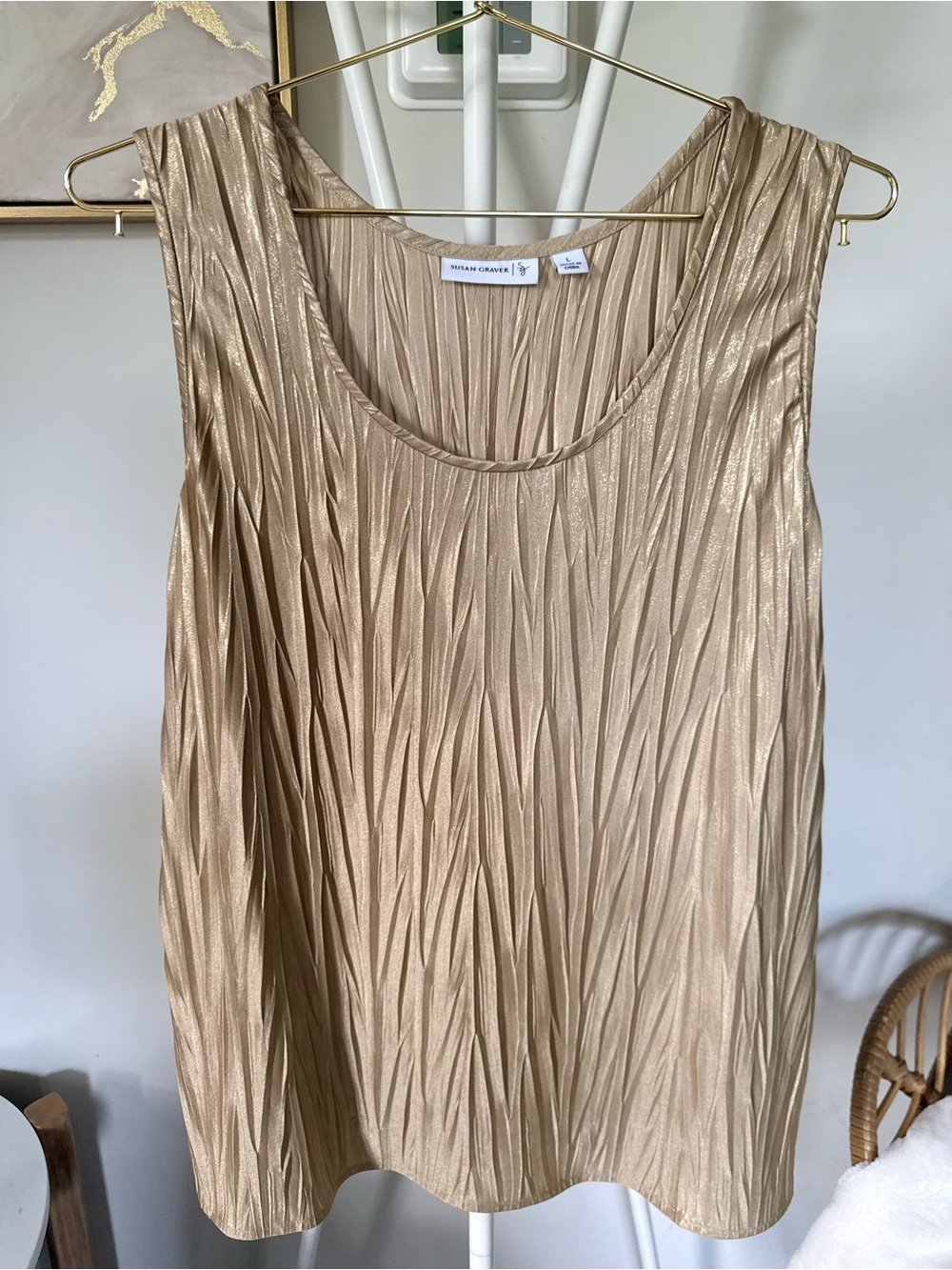 Susan Graver Metallic Pleated Tank Top in Champagne Gold size L